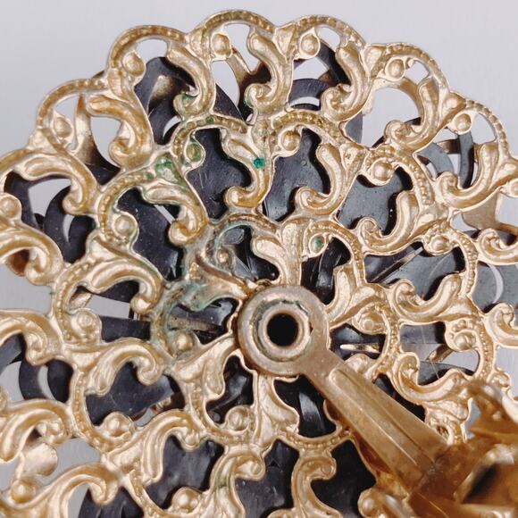 VTG Mid Century Clip On Earrings Gold Tone Filigree Black Cabochons 1950s - Picture 10 of 11